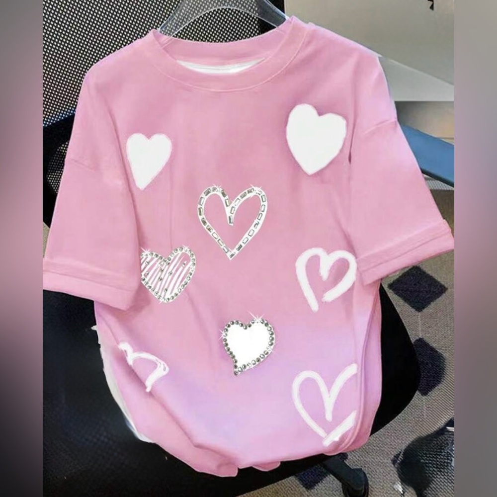 White Rhinestone Heart Pink T-shirt | Short Sleeve | XL | NWT